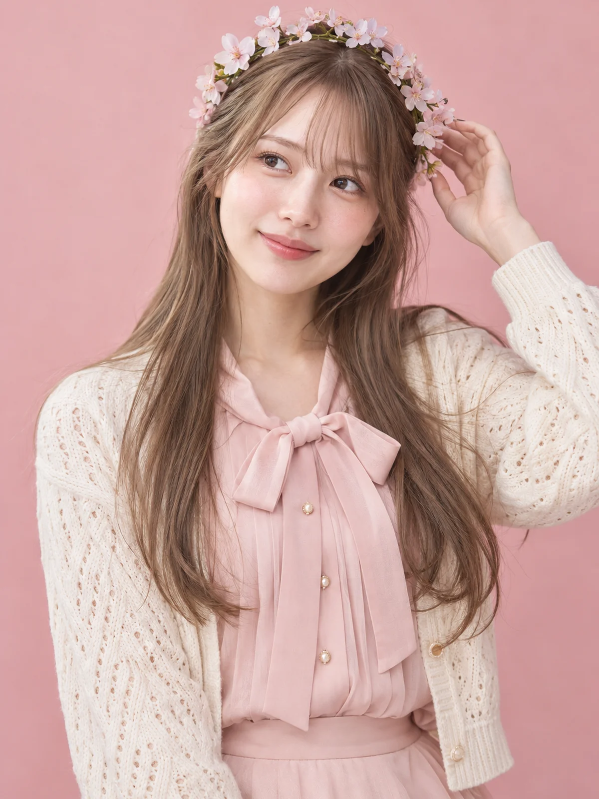成员 02：戴樱花花冠、穿米色针织开衫的少女